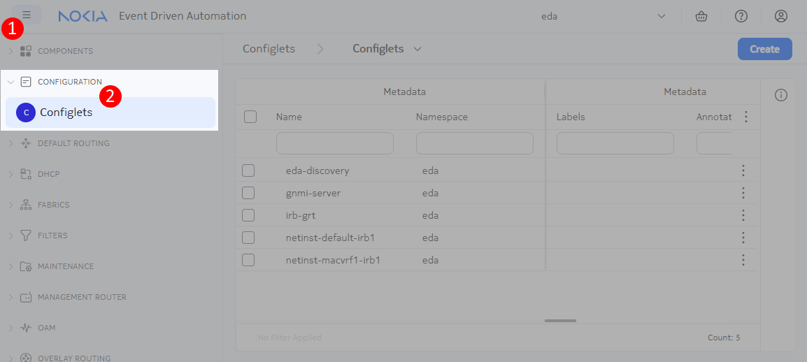 Navigating to the Configlets